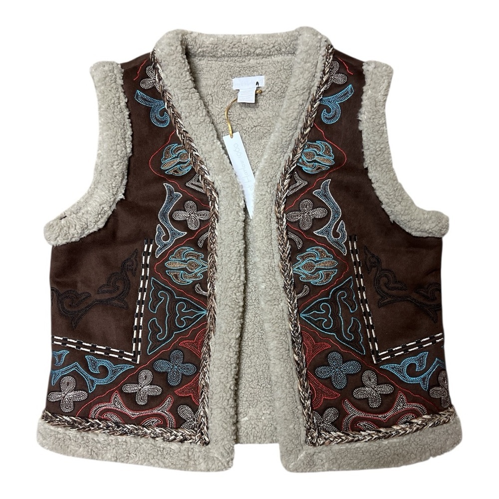 House of Harlow 1960 Embroidered Sherpa Trim Vest Western Boho Multi One Size